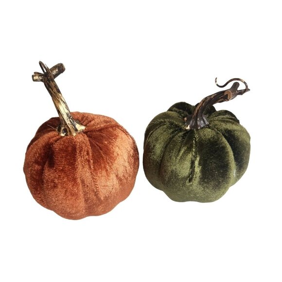 Velvet Pumpkins Decorative Fall Decor Green Orange with Gold Stems Cozy Home Acc - Picture 1 of 6